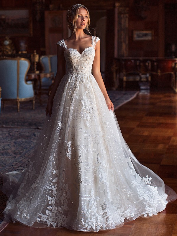 Moonlight Couture H1381 sparkle sequin ball gown with lace cap sleeves Moonlight Couture H1381 sparkle sequin ball gown with lace cap sleeves
