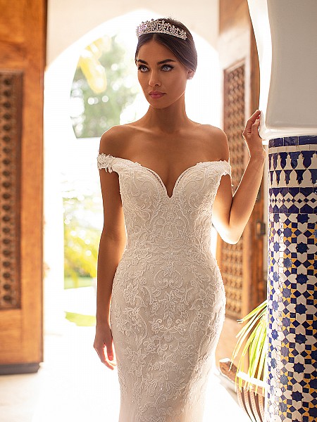 Moonlight Couture H1391 elegant off-the-shoulder lace mermaid bridal gown with sequin Moonlight Couture H1391 elegant off-the-shoulder lace mermaid bridal gown with sequin