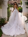 Moonlight Couture H1394 sexy low back bridal gown with thin lace straps with horsehair trimmed cascading train