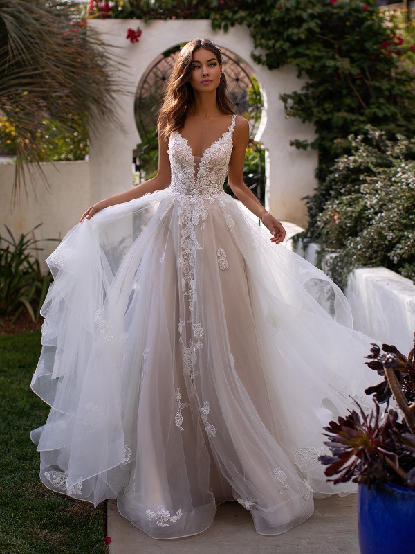 Moonlight Couture H1394 eye-catching deep sweetheart lace appliques and tulle full A-line bridal gown with cascades