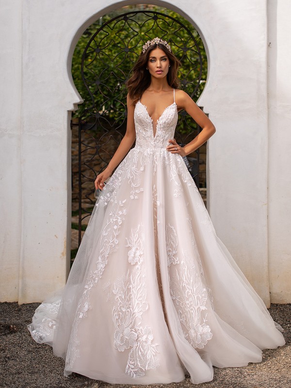 Moonlight Couture H1395 deep V-neck with thin straps full A-line wedding dress with lace appliques Moonlight Couture H1395 deep V-neck with thin straps full A-line wedding dress with lace appliques