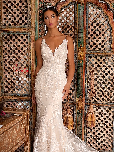 Moonlight Couture H1396 lightly beaded re-embroidered lace mermaid bridal gown with deep V-neckline Moonlight Couture H1396 lightly beaded re-embroidered lace mermaid bridal gown with deep V-neckline