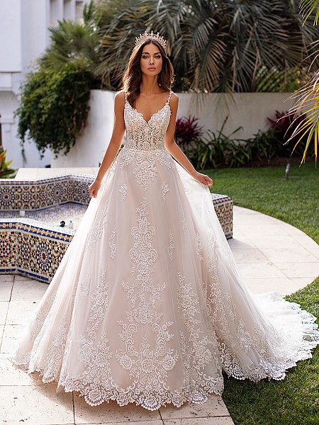Moonlight Couture H1397 sophisticated tulle full A-line bridal gown with sweetheart neckline