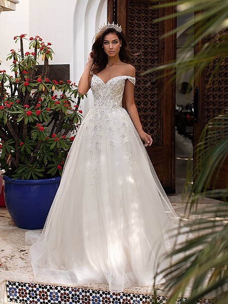 Moonlight Couture H1399 off-the-shoulder with silver embroidery grand ball gown with beadings Moonlight Couture H1399 off-the-shoulder with silver embroidery grand ball gown with beadings