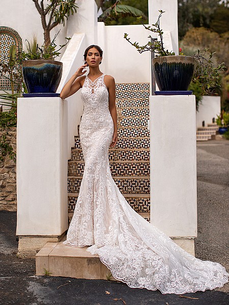 Moonlight Couture H1400 beautiful illusion halter neckline lace mermaid bridal gown with long train Moonlight Couture H1400 beautiful illusion halter neckline lace mermaid bridal gown with long train