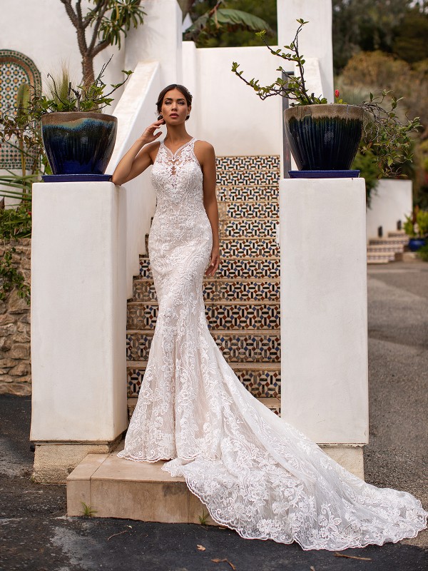 Moonlight Couture H1400 beautiful illusion halter neckline lace mermaid bridal gown with long train Moonlight Couture H1400 beautiful illusion halter neckline lace mermaid bridal gown with long train