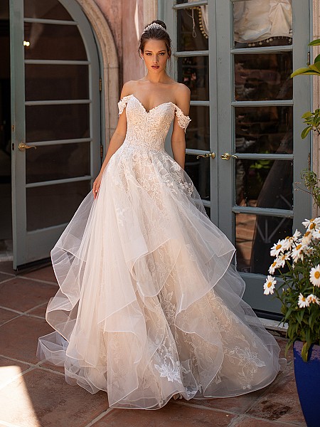 Moonlight Couture H1428 wedding dress with tulle cascade skirt and swag sleeves