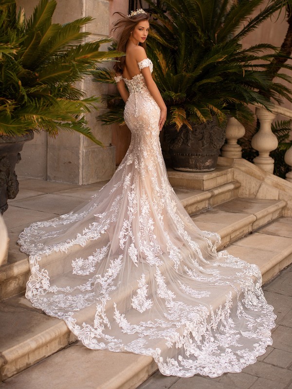 Moonlight Couture H1430 mermaid wedding dress with cathedral lace see through train Moonlight Couture H1430 mermaid wedding dress with cathedral lace see through train