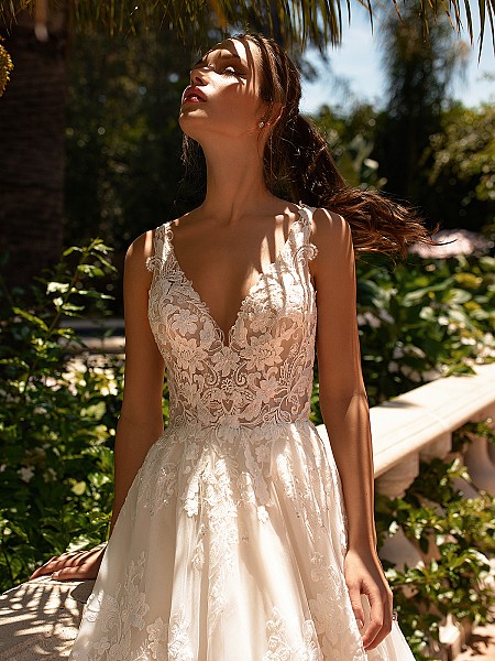 Moonlight Couture H1432 sexy deep v-neckline with unlined bodice and tulle lace straps 