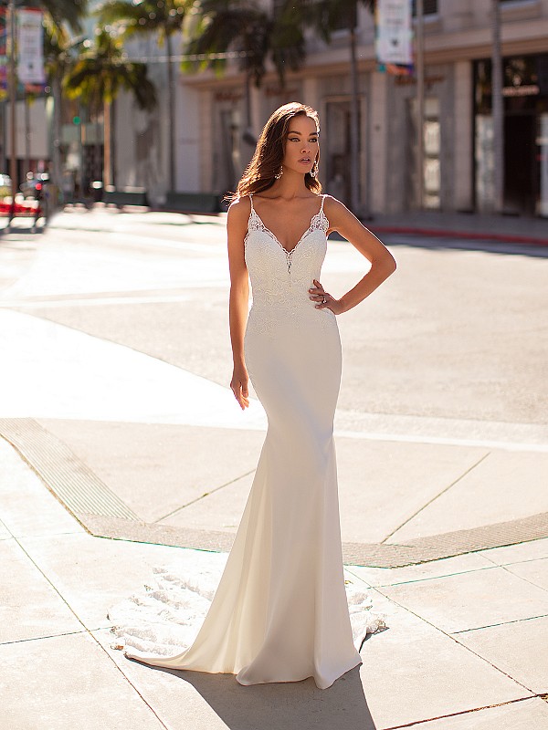 Sexy Sweetheart Crepe Wedding Dress With Beaded Straps Moonlight Couture H1444 Sexy Sweetheart Crepe Wedding Dress With Beaded Straps Moonlight Couture H1444