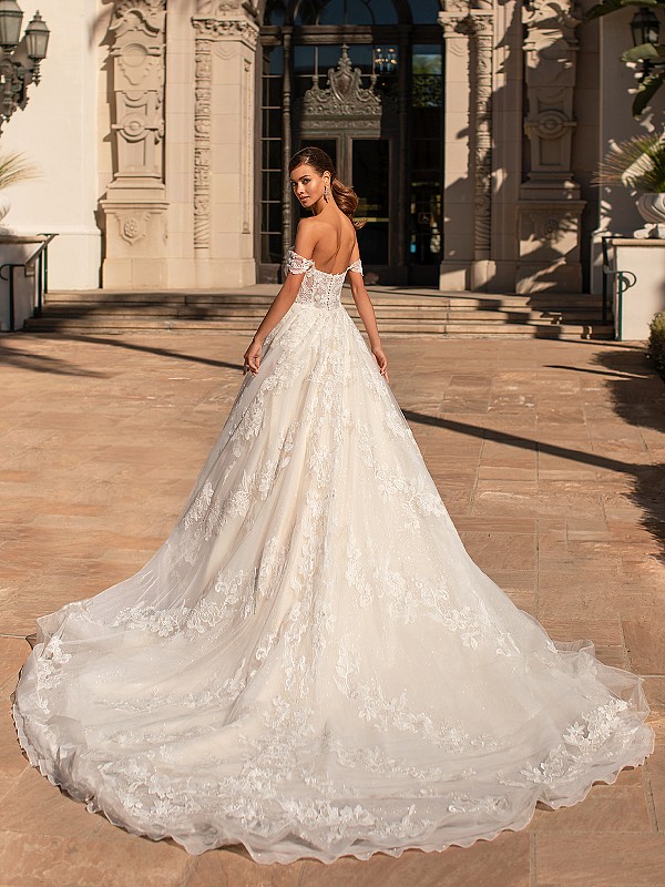 Princess Shimmering Lace Full A-line with Open Back Moonlight Couture H1449 Princess Shimmering Lace Full A-line with Open Back Moonlight Couture H1449