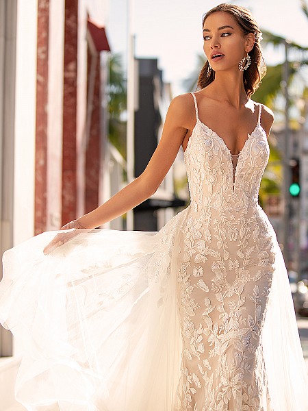 Beaded Leaf Lace Wedding Dress With Cascade Tulle Train Moonlight Couture H1452 Beaded Leaf Lace Wedding Dress With Cascade Tulle Train Moonlight Couture H1452
