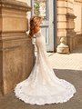 Moonlight Couture H1461 Strapless Sweetheart Gown with Floral Lace Appliqué Semi-Cathedral Lace Train Horsehair Trim Moonlight Couture H1461 Strapless Sweetheart Gown with Floral Lace Appliqué Semi-Cathedral Lace Train Horsehair Trim
