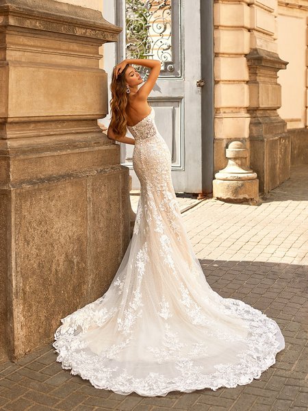 Moonlight Couture H1461 Strapless Sweetheart Gown with Floral Lace Appliqué Semi-Cathedral Lace Train Horsehair Trim