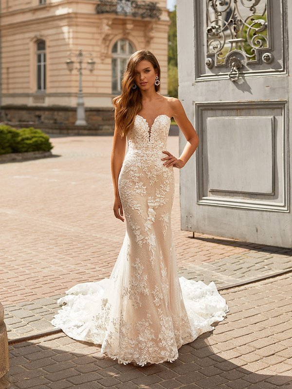Moonlight Couture H1461 Shimmery Sequin Strapless and Lace Sweetheart with Illusion Inset Wedding Gown Lace