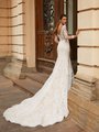Moonlight Couture H1462 Long Sleeve Gown with Allover Chantilly Lace Chapel Train with Scallop Hem Lace & Horsehair Trim