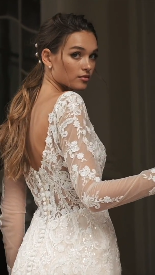 Moonlight Couture H1462 Vintage-Inspired Chantilly Lace and Net Wedding Gown with Long Illusion Sleeves Moonlight Couture H1462 Vintage-Inspired Chantilly Lace and Net Wedding Gown with Long Illusion Sleeves