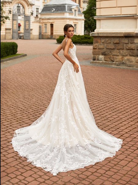 Moonlight Couture H1463 Full A-Line Wedding Gown and See-Through Floral Lace Detailed Semi-Cathedral Leaf Shaped Train