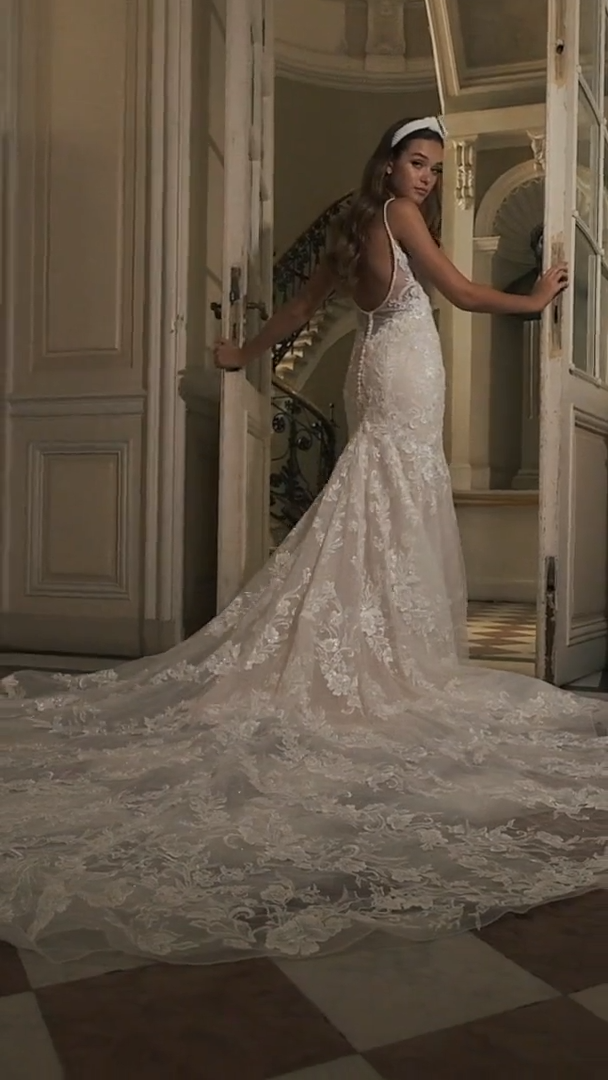 Moonlight Couture H1464 Romantic Beaded Drop Waist Sparkle Tulle Mermaid Gown with See-Through Cathedral Train Moonlight Couture H1464 Romantic Beaded Drop Waist Sparkle Tulle Mermaid Gown with See-Through Cathedral Train
