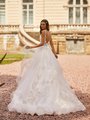 Moonlight Couture H1465 Deep Floral Illusion V-Back with Straps and Cascading Chapel Train with Horsehair Trim Hem Moonlight Couture H1465 Deep Floral Illusion V-Back with Straps and Cascading Chapel Train with Horsehair Trim Hem