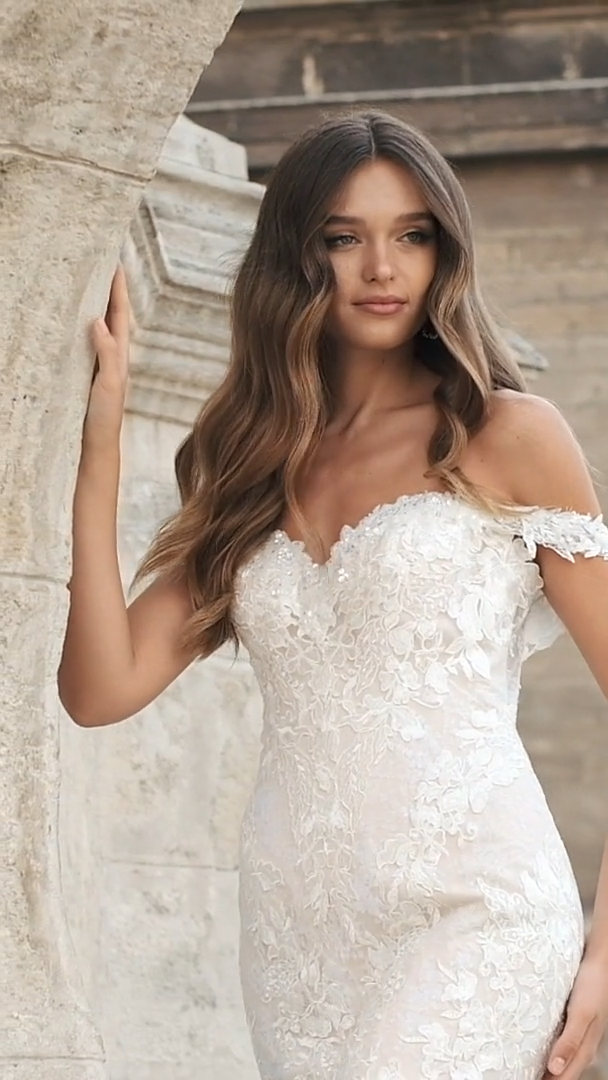 Moonlight Couture H1466 Re-Embroidered Wildflower Lace Applique Sweetheart Mermaid Gown with Swag Sleeves