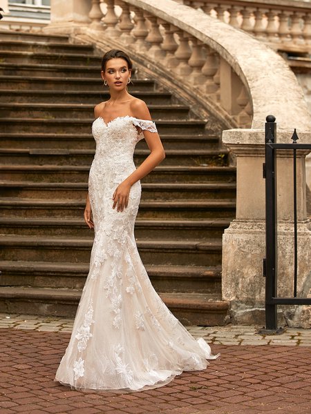 Moonlight Couture H1467 Off-The-Shoulder Stardust Tulle Mermaid Gown with Bouquet Re-Embroidered Lace Appliques Moonlight Couture H1467 Off-The-Shoulder Stardust Tulle Mermaid Gown with Bouquet Re-Embroidered Lace Appliques