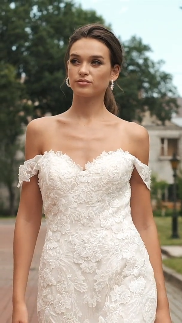 Moonlight Couture H1467 Enchanting Floral Off-the-Shoulder Mermaid Wedding Gown with Detachable Semi-Cathedral Train Moonlight Couture H1467 Enchanting Floral Off-the-Shoulder Mermaid Wedding Gown with Detachable Semi-Cathedral Train