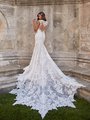 Moonlight Couture H1468 Illusion Bateau Back Gown with Embroidered Lace Appliques and Covered Buttons with Loops Along Zipper Moonlight Couture H1468 Illusion Bateau Back Gown with Embroidered Lace Appliques and Covered Buttons with Loops Along Zipper