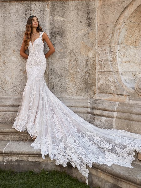 Moonlight Couture H1468 Drop Waist Bouquet Shimmer Tulle With Re-Embroidered Floral Lace Appliques and Cap Sleeves Moonlight Couture H1468 Drop Waist Bouquet Shimmer Tulle With Re-Embroidered Floral Lace Appliques and Cap Sleeves
