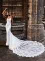 Moonlight Couture H1469 Modern Regal Crepe Gown with Beaded Sweetheart Neckline and Re-Embroidered Lace Appliques