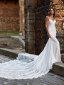 Moonlight Couture H1469 Sleek Princess Cut Mermaid Wedding Gown with Lace Detailed See-Through Semi-Cathedral Train