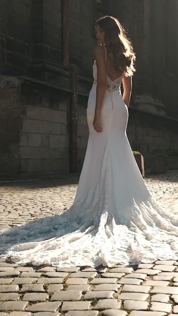 Moonlight Couture H1469 Sexy Regal Crepe Mermaid Gown with Beaded Neckline and See-Through Semi-Cathedral train Moonlight Couture H1469 Sexy Regal Crepe Mermaid Gown with Beaded Neckline and See-Through Semi-Cathedral train