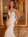 Moonlight Couture H1471 Mixed Lace Wedding Dress with deep sweetheart Neckline, Beaded Sash, and Side Illusion Insets Moonlight Couture H1471 Mixed Lace Wedding Dress with deep sweetheart Neckline, Beaded Sash, and Side Illusion Insets
