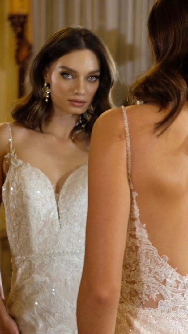 Moonlight Couture H1471 Glamorous Sequin and All-Over Ornate Chantilly Lace Mermaid Wedding Gown With Beaded Straps Moonlight Couture H1471 Glamorous Sequin and All-Over Ornate Chantilly Lace Mermaid Wedding Gown With Beaded Straps