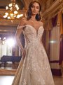 Moonlight Couture H1472 Off-The-Shoulder Glitter Tulle Wedding Dress with Front Plunge and Side Bodice Illusion Cutouts