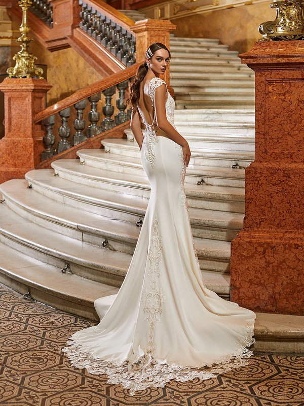 Moonlight Couture H1473 Modern Regal Crepe Mermaid Bridal Gown With Illusion Low Back And Lace Cutout Chapel Train
