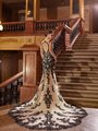 Moonlight Couture H1475 Floating Keyhole Back Bridal Gown With Black Lace Appliques and Long See-Through Semi-Cathedral Train