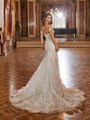 Moonlight Couture H1476 Illusion Open Back Mermaid Wedding Dress with Semi-Cathedral Sparkly Floral Lace Train and Lace Swag Sleeves