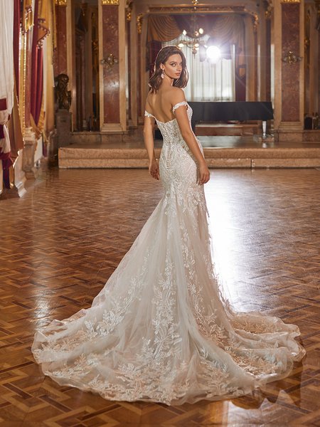 Moonlight Couture H1476 Illusion Open Back Mermaid Wedding Dress with Semi-Cathedral Sparkly Floral Lace Train and Lace Swag Sleeves Moonlight Couture H1476 Illusion Open Back Mermaid Wedding Dress with Semi-Cathedral Sparkly Floral Lace Train and Lace Swag Sleeves