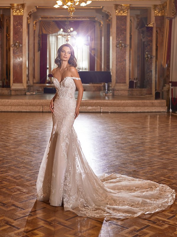 Moonlight Couture H1476 Sparkly Off-The-Shoulder Sweetheart Floral Lace Mermaid Wedding Gown With Lace Swag Sleeves Moonlight Couture H1476 Sparkly Off-The-Shoulder Sweetheart Floral Lace Mermaid Wedding Gown With Lace Swag Sleeves