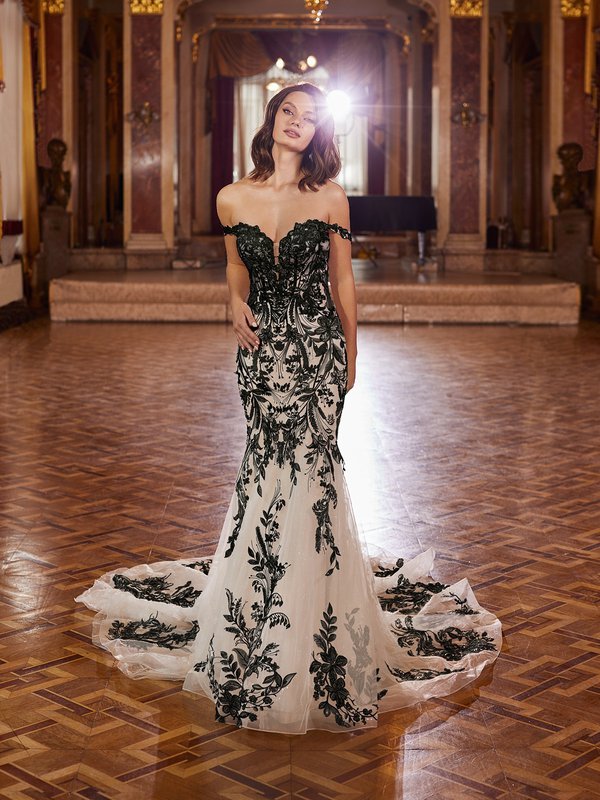 Moonlight Couture H1476 Sparkly Off-The-Shoulder Black Floral Lace Mermaid Bridal Gown With Black Lace Swag Sleeves