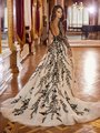 Moonlight Couture H1477 Black Vine Leaf Lace Long Sleeve Sparkle Net Wedding Dress with Deep Illusion Scoop Back