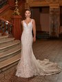 Moonlight Couture H1478 Sparkly Art Deco Floral Applique Mermaid Wedding Gown With Deep Sweetheart and Floral Lace Straps