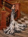 Moonlight Couture H1478 Glamorous Black Floral Lace Mermaid Wedding Gown With Deep Sweetheart Neckline And Black Lace Straps