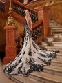 Moonlight Couture H1478 Lavish Illusion Bateau Back Wedding Dress With Long Sheer Ornate Black Floral Lace Applique Train