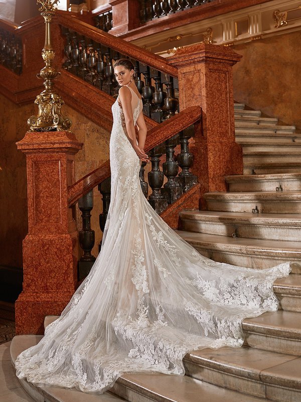 Moonlight Couture H1478 Illusion Bateau Floral Lace Back Wedding Dress With and See-Through Floral Lace Semi-Cathedral Train Moonlight Couture H1478 Illusion Bateau Floral Lace Back Wedding Dress With and See-Through Floral Lace Semi-Cathedral Train