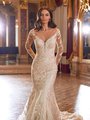 Moonlight Couture H1479 Sparkly Wide V-Neck With Tapered Illusion Plunge Floral Fitted Wedding Dress With Floral Long Sleeves