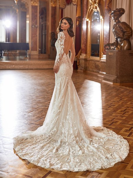 Moonlight Couture H1479 Illusion Keyhole Back Wedding Dress With Long Sparkle Floral Lace Train And Sheer Long Lace Sleeves Moonlight Couture H1479 Illusion Keyhole Back Wedding Dress With Long Sparkle Floral Lace Train And Sheer Long Lace Sleeves