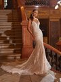 Moonlight Couture H1480 Ornate Sparkly Deep V-Neck Mermaid Wedding Dress With Beaded Floral Lace Appliques And Thin Straps