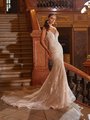 Moonlight Couture H1480 Ornate Sparkly Deep V-Neck Mermaid Wedding Dress With Beaded Floral Lace Appliques And Thin Straps Moonlight Couture H1480 Ornate Sparkly Deep V-Neck Mermaid Wedding Dress With Beaded Floral Lace Appliques And Thin Straps